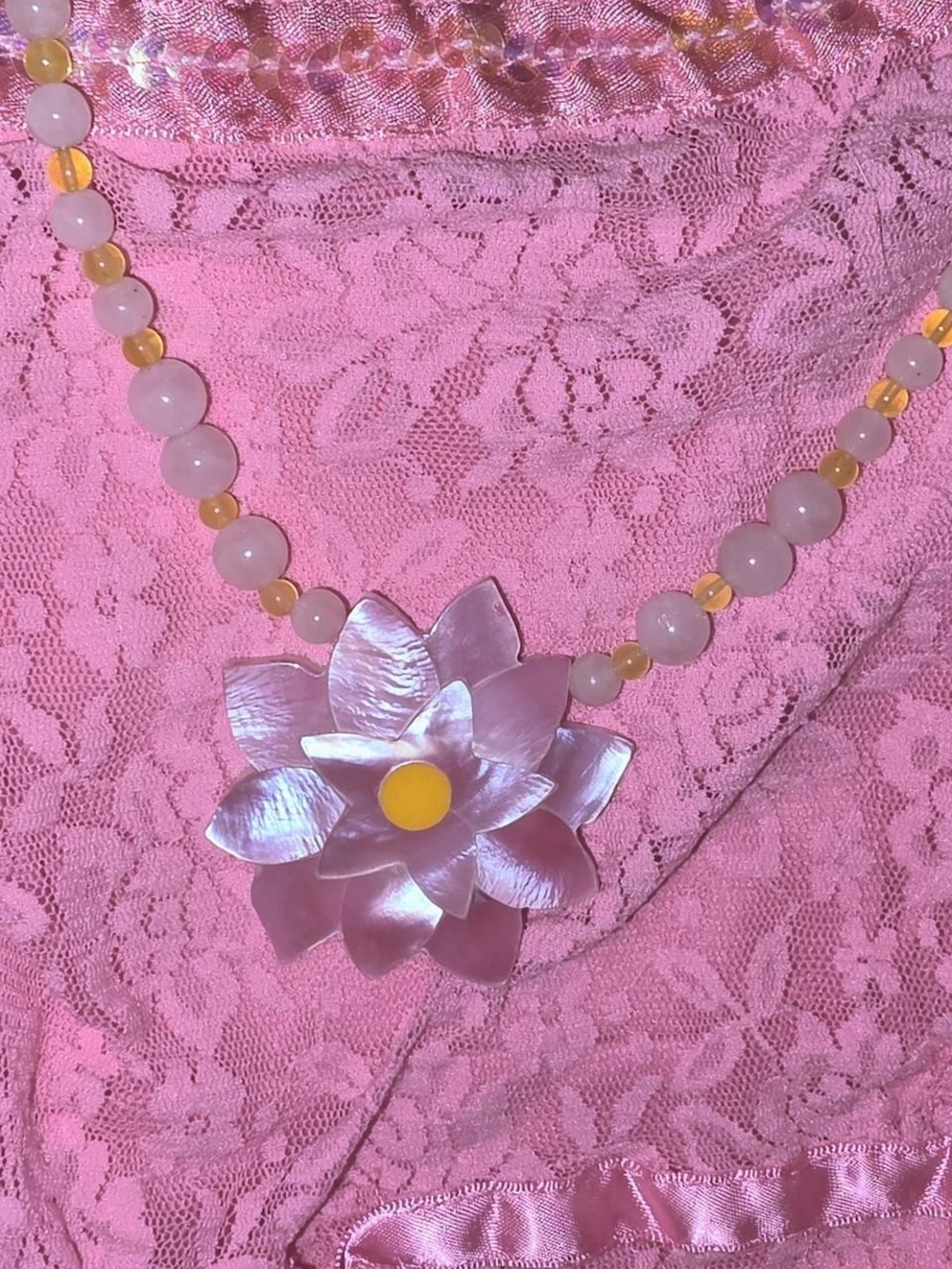 Pink Floral Mother-of-Pearl Pendant Necklace